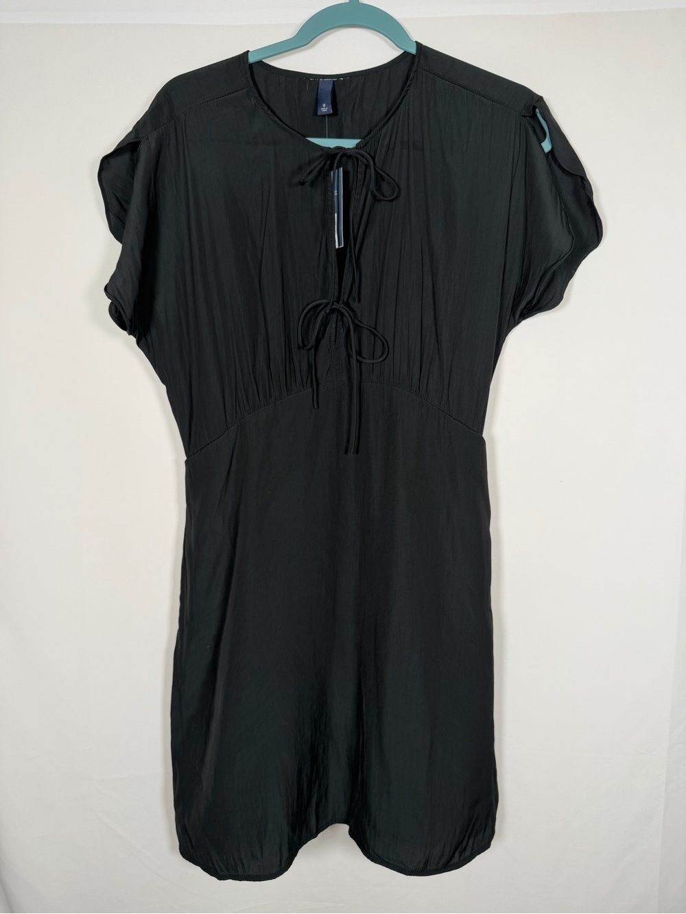 Whimsigoth Witcy Black Tie-Front Mini Dress with‎ Open Flare Sleeve